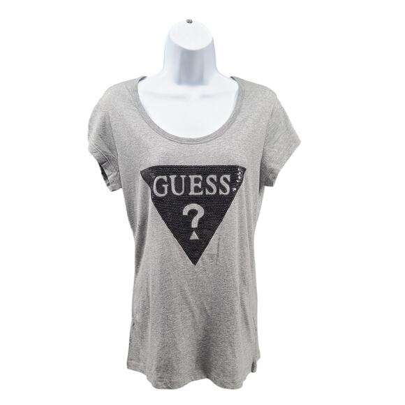 Guess Y2K women's sequin logo tee shirt longer length Size XL Bling Mcbling - Picture 1 of 7